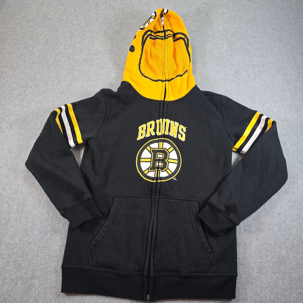 Kids Boston Bruins NHL Hooded Zip Up Hoodie Black Yellow Size M 10 12 Mesh face